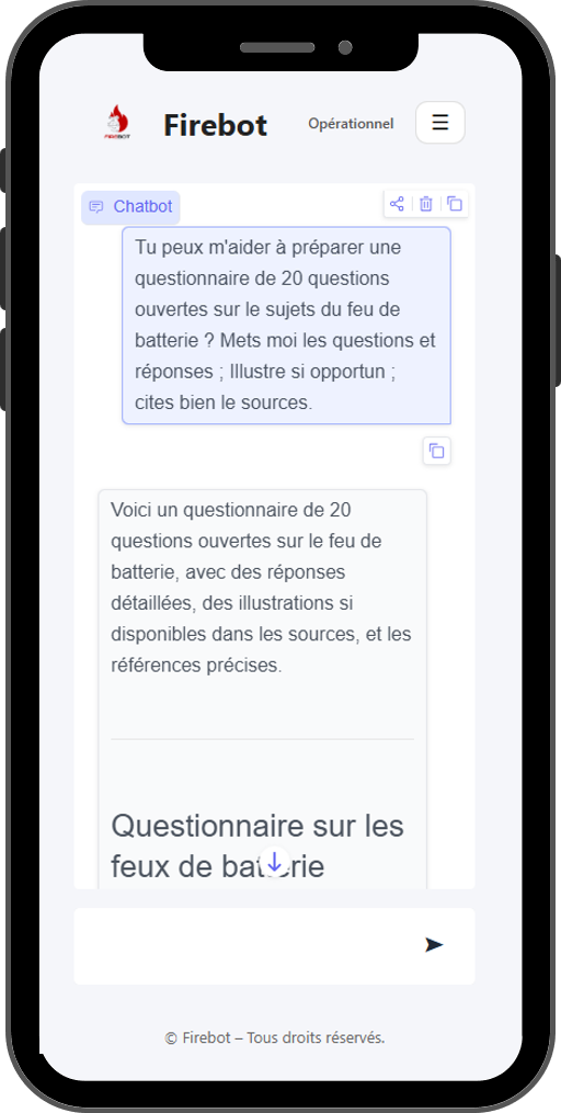 Réponse FIREBOT générant un quiz de 20 questions sur les feux de batterie