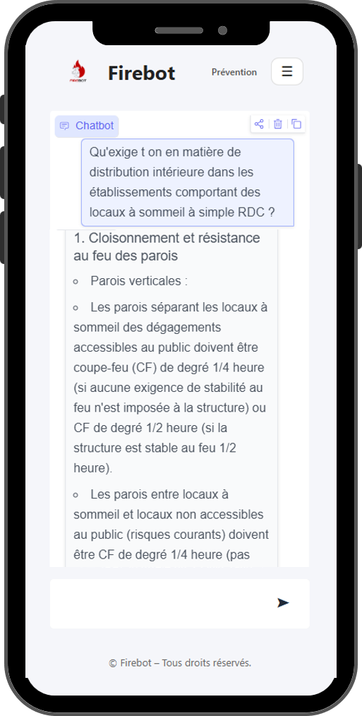 Réponse FIREBOT en mode prévention sur une question réglementaire (locaux à sommeil)
