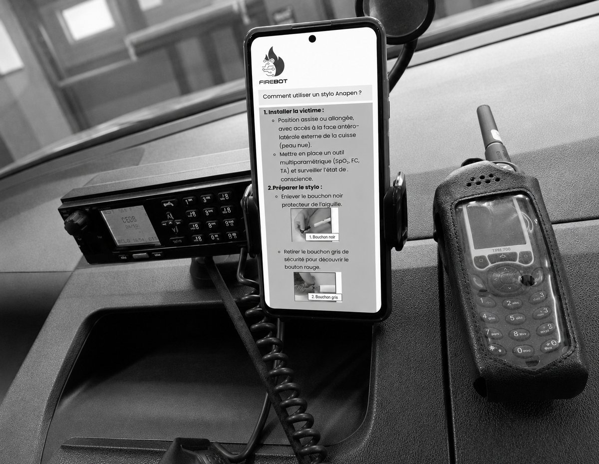 Application FIREBOT sur un téléphone en cabine d'engin, à côté des radios opérationnelles